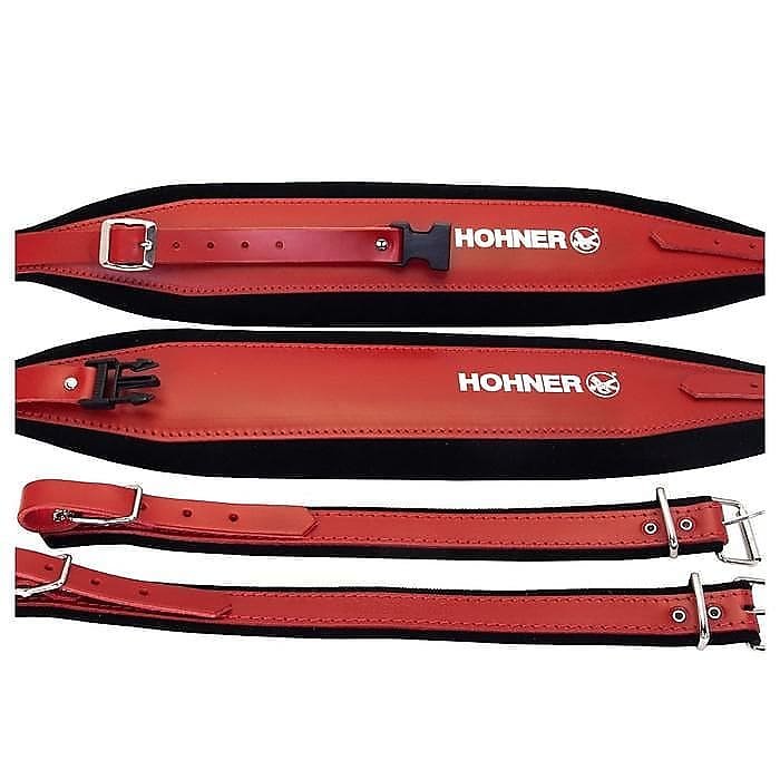 Correas de cuero para acordeón Hohner ACC21 rojo sobre negro de 42" extragrandes con correa trasera